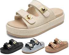 Women Raffia Espadrilles Wedge Sandals Comfortable Slip On Beach Sandals