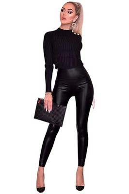 Damen Thermo Leggings Leder Look Leggins L/XL