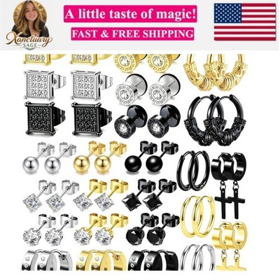 25 Pairs Earrings Set for Men and Women, Black Silver 14K Gold-Plated Mixed E...