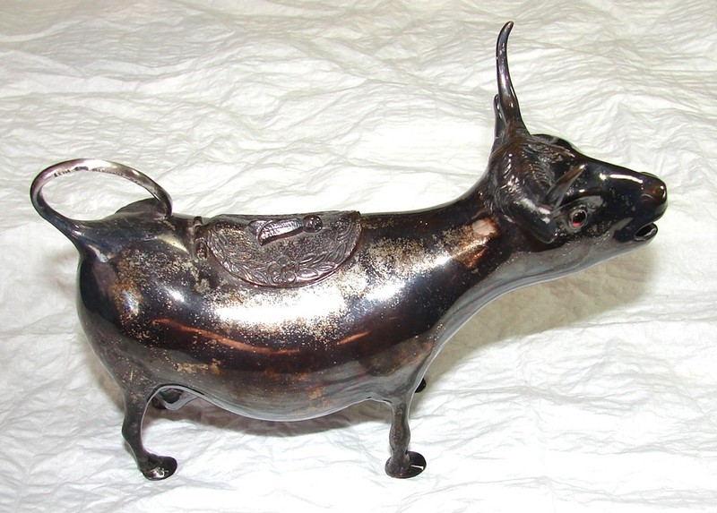 Antique German Cow Creamer--Marked .800---With Red Glass Eyes---157 Grams