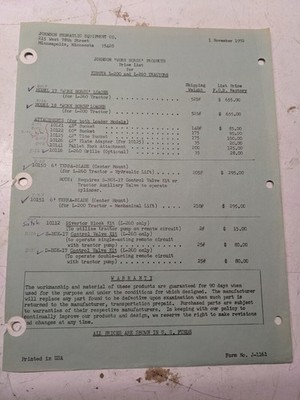 1972 JOHNSON WORK HORSE PRODUCTS KUBOTA L-200 260 TRACTOR PRICE LIST ATTACHMENT