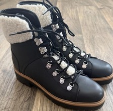 Marc Fisher LTD Izzie Shearling Lug Sole Ankle Boots Black Leather Size 10 NWOB