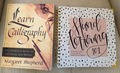 LOT OF 2-Learn Calligraphy (Margaret Sheperd) & Hand Lettering Workbook (hardcov