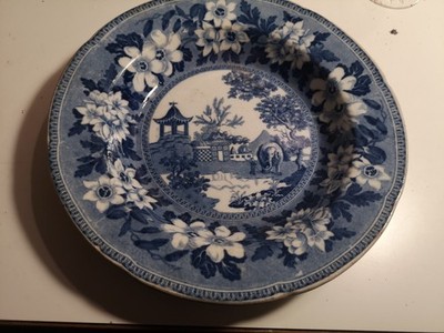 Antiker John Rogers blau-weißer Perlenware Elefantenmuster Suppenteller 1820er