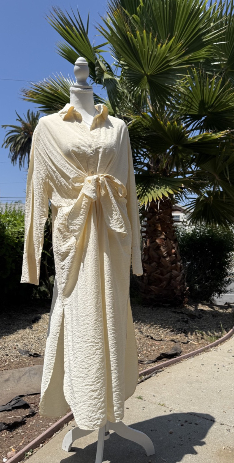 H&M Cream Tie Front Button Up Maxi Dress | Oversized Linen Feel Shirt Dress | S