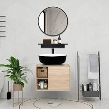 24" Bathroom Vanity Set with Wood Cabinet, Round Mirror, Faucet & Vessel Sink