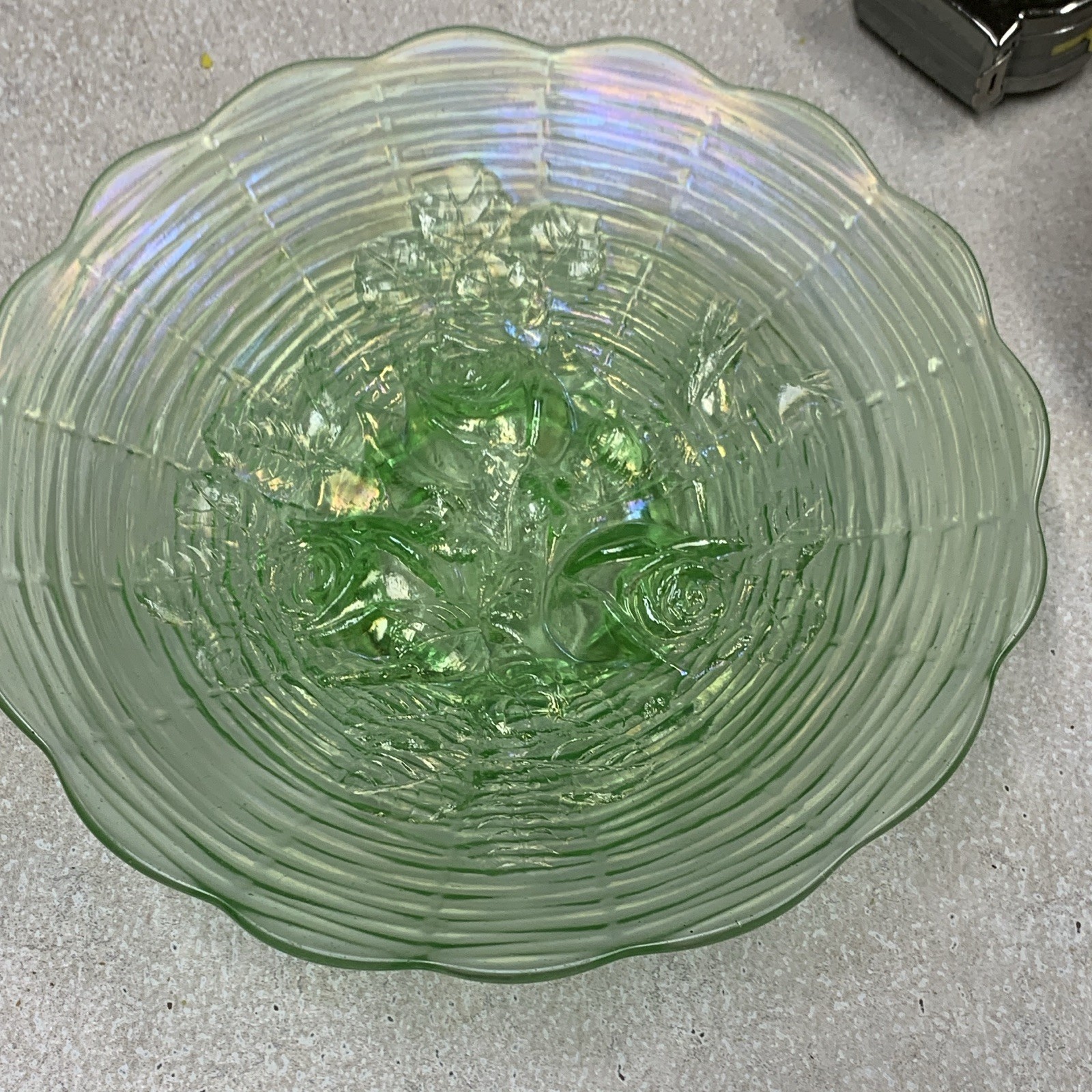 Unmarked Green Glass Rose Pattern Round Decorative Bowl, Scalloped Rim