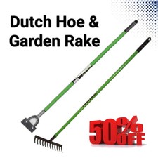 Image of Heavy Duty Stirrup Hoe & Garden Rake Set Long Handle Weeding Tool 140cm