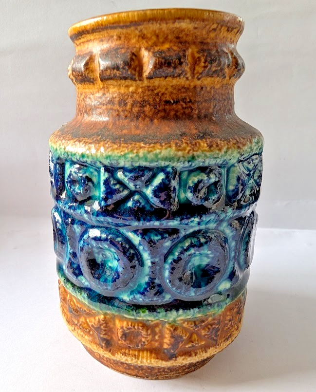 Vtg. BAY WEST GERMAN BLUE BROWN VASE 92 14 FAT LAVA Textured Mid