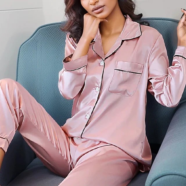 Plus Size Women Silk Satin Pajama Set 2PC Button Down Sleepwear