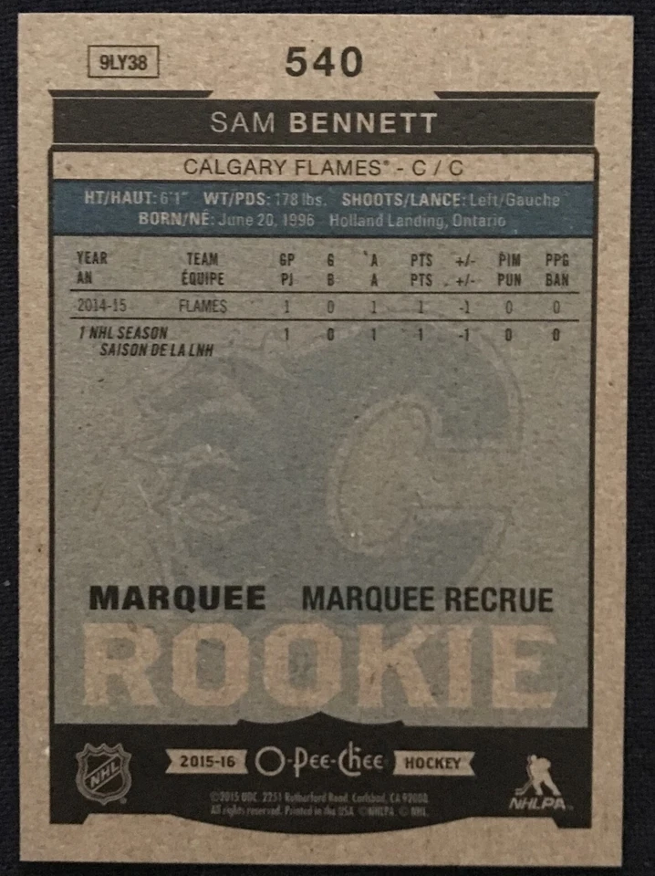 Sam Bennett O-Pee-Chee rookie card 540, 2015 -16 NHL, Calgary Flames - Image 2 of 2