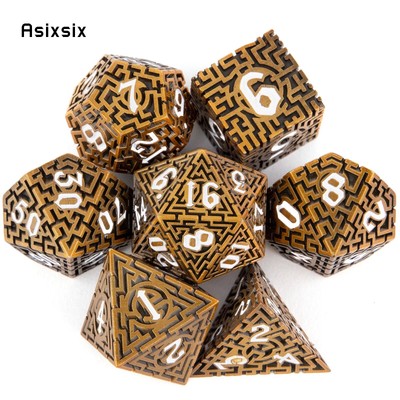 7 Pcs Copper White Metal Dice Maze Hollow Metal Polyhedral Dice RPG Board Game 