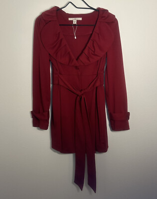 Long Sleeve Medium Red Button Up Overcoat Ruffled Collar & Tie At Waist Valetine
