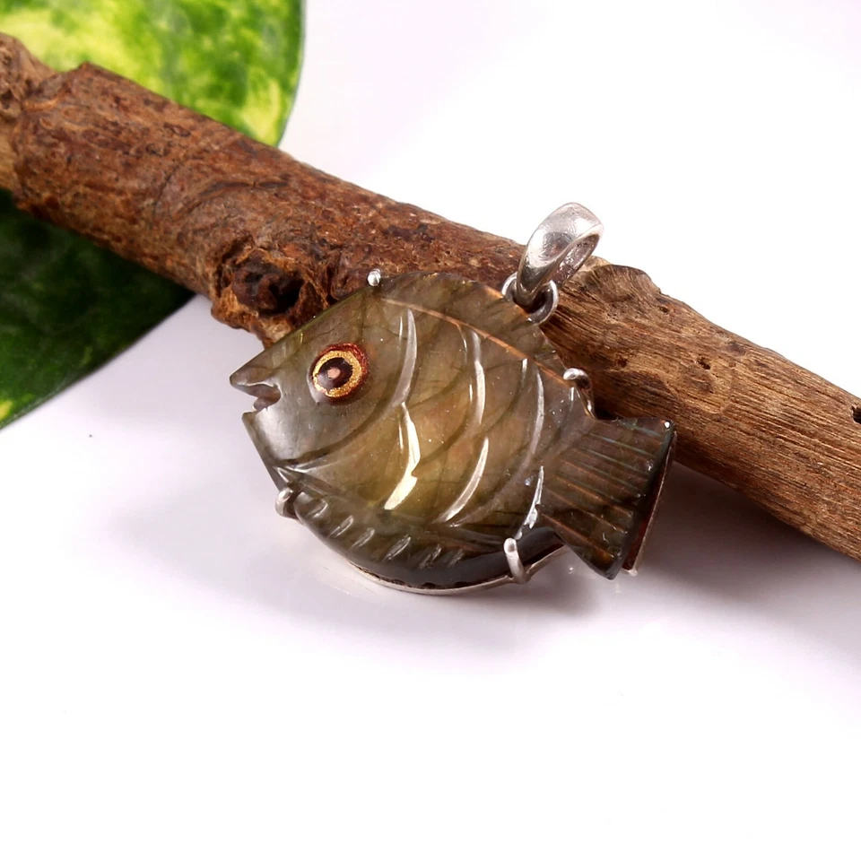 925 Sterlingsilber Natürlich Labradorite Edelstein Schnitzerei Fisch Anhänger - Bild 3 von 4