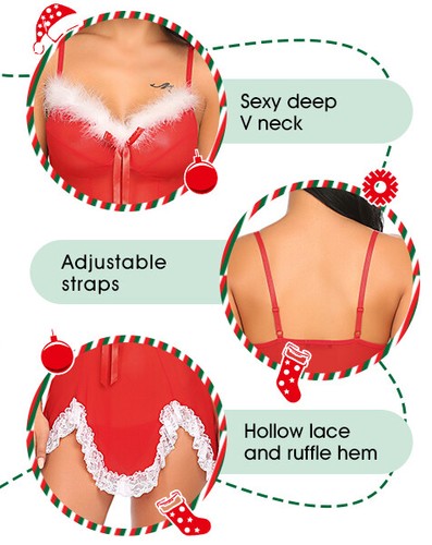 Sexy Christmas Costume for Women for Sex Santa Lace Babydoll Chemise Lingerie US - Picture 3 of 24