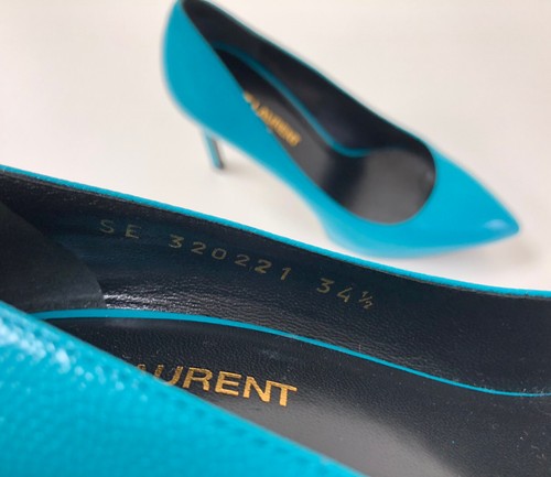 New YVES SAINT LAURENT 34.5 Janis Pebbled Leather Platform Heels Pumps Turquoise - Picture 8 of 10