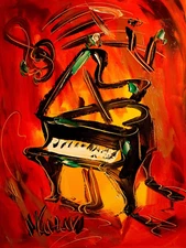 PIANO █MODERN█ORIGINAL OIL█PAINTING█VINTAGE█IMPRESSIONIST█ART  SIGNED█AFB