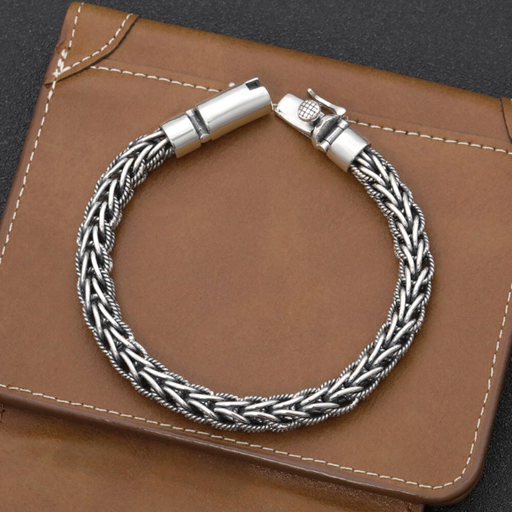 Real S925 Sterling Silver Men 8mmW Lucky Twist Wheat Chain Link
