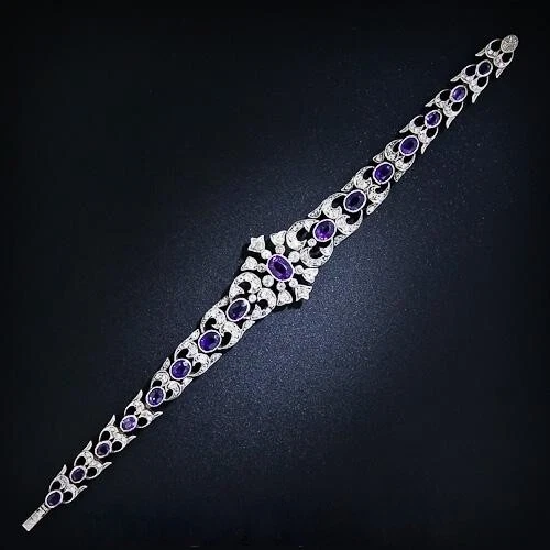 Antiguo Brazalete Brillante Antiguo Corte Mina 8.CT Amatista y Diamantes Blancos Plata 925 Foto 4 de 4