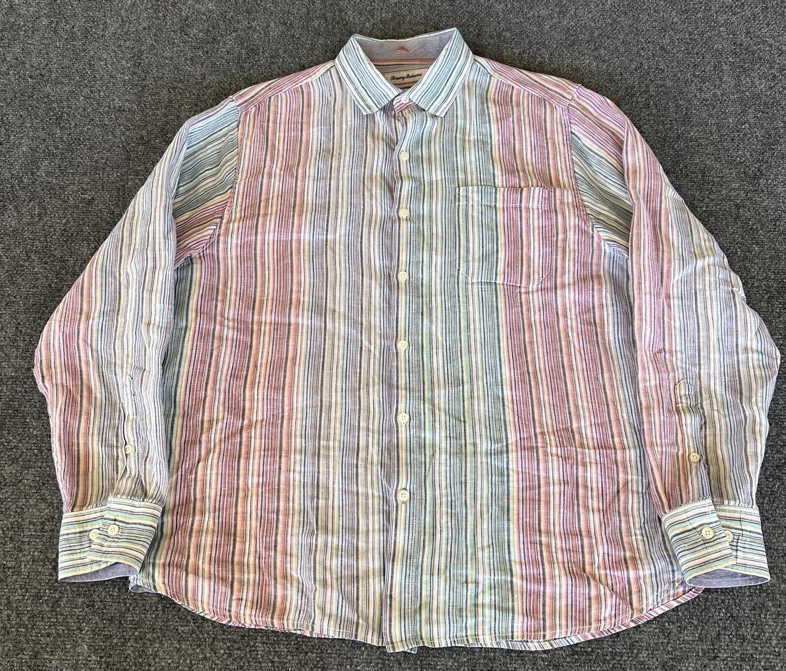Tommy Bahama Mens L Linen Shirt Long Sleeve Colorblock Stripe Pastel Tropical