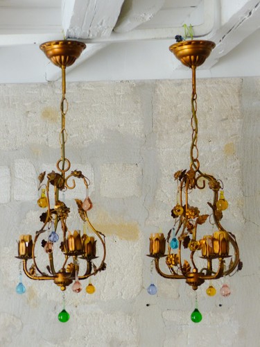 RARE PAIR Vintage Chandelier Colored Glass Drops 1950 Italian Ceiling Murano - Picture 8 of 15