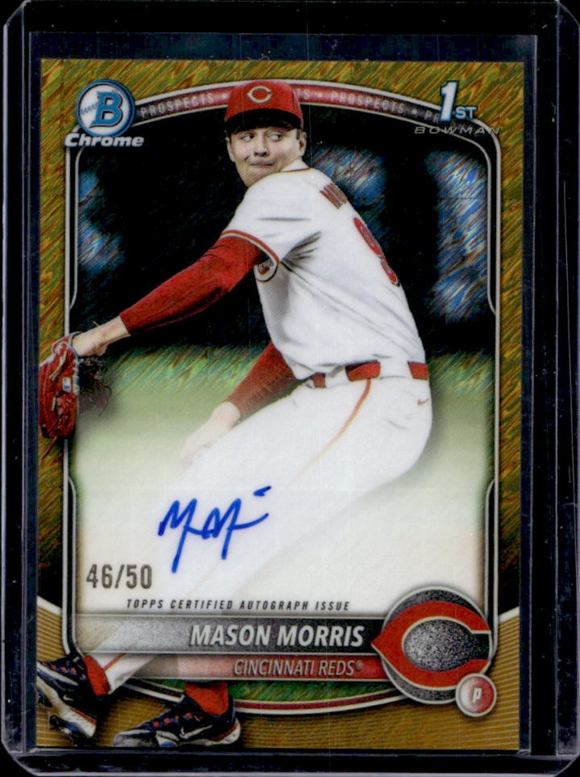 2025 Bowman Draft Mason Morris Chrome Auto Gold Shimmer Refractor 1st #/50 Reds