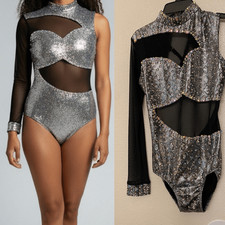 Glamour solo dance costume metallic silver bedazzled bling LA-Large adult
