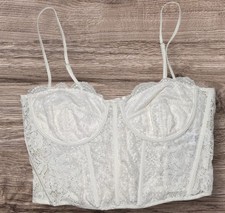Cream Lace Bustier Crop Top Boning  Adjustable Straps Size L Bridal Coquette