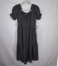 Madewell Dress Womens Medium Black Tiered Midi Square Neck Puff Sleeve