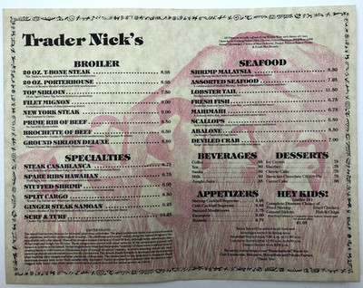 Trader Nick's Pismo Beach CA Dinner Menu Easter Island Moai Tiki Images