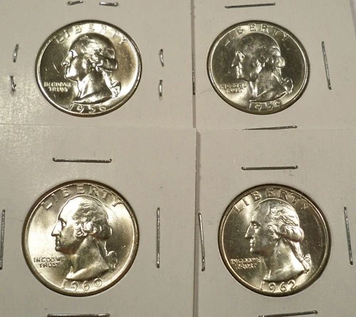 LOT OF 4 BU WASHINGTON QUARTERS 1956 1959-D 1960-D 1962-D 0.7233 oz SILVER 25c