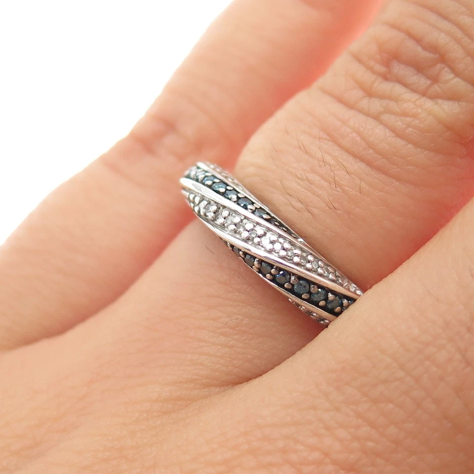 JANE SEYMOUR 925 Sterling Silver Real Blue & White Diamond Ring Size 5.25 Foto 2 de 4