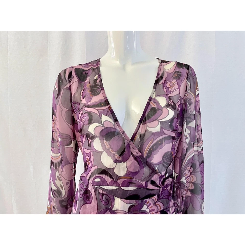 Robe portefeuille à fleurs violettes Indiska, mini robe transparente bohème... - Photo 4/4