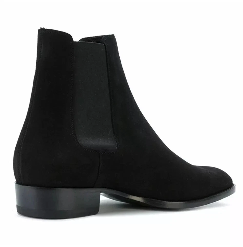 Botas formales hechas a mano negras de gamuza Chelsea de cuero de oficina para hombre Foto 2 de 4