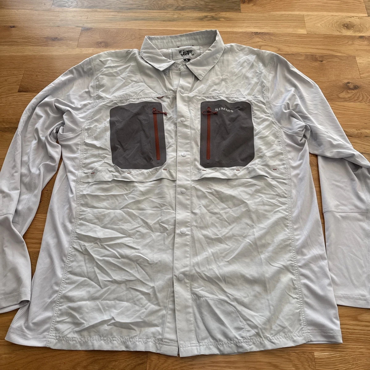 Camisa de Pesca Simms G4 TriComp Para Hombres XL Hueso Manga Larga Ventilada Bolsillo con Cremallera