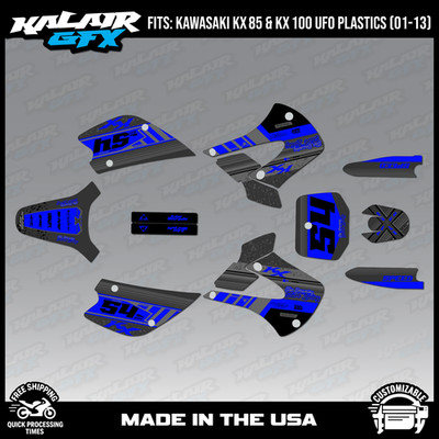 Graphics Kit for Kawasaki KX85 KX100 UFO Restyle 2001-2013 Split - Blue Shift