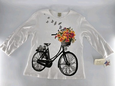 Jess & Jane Mineral Wash Long Sleeve Tee Bicycle Flower Boho Lagenlook Sz L