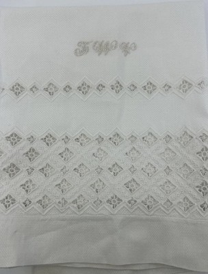 Antique Huck Linen White Large Bath Towel Monogrammed Embroidered Cutout Vintage