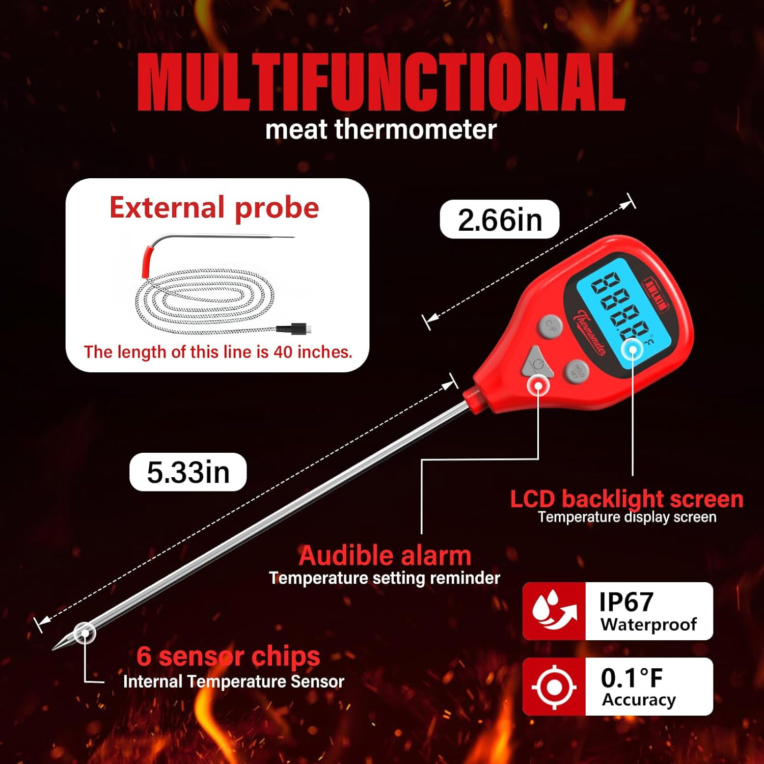 Rechargeable Digital Meat Thermometer with 3.3ft External Probe, Warning Alert,