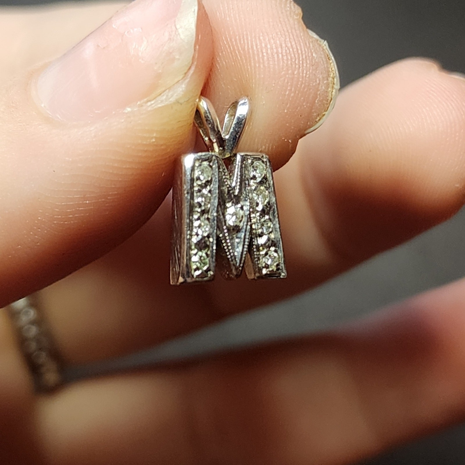 14K Solid White Gold Diamond Initial M Pendant 2.… - image 2