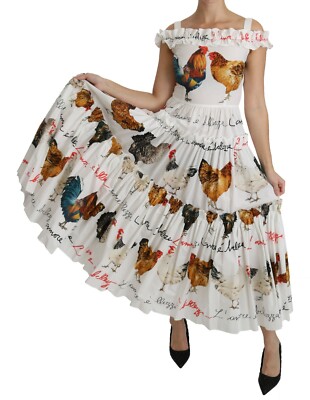 DOLCE & GABBANA Dress Cotton White Rooster Sheath Midi IT38 / US4 / XS RRP $2800