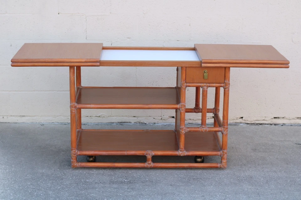 Authentic Marked McGuire Bamboo Rattan Rolling Sliding Adjustable Top Server MCM - Image 3 of 4