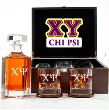 Chi Psi - Fraternity Decanter and 2 Glasses In Wood Box Set
