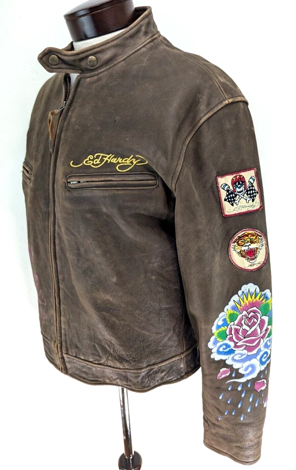 ED HARDY 摩托车皮革夹克坚固棕色骑手鹰头骨老虎男式 M — 第 3/4 张图片