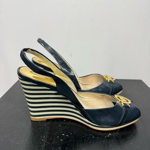Michael Kors Rochelle Sandal Womens 7.5M Blue Peep Toe Slingback Wedge MK Logo - Picture 6 of 12