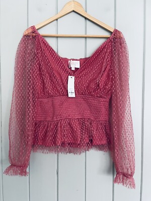 NWT Audrey Parks x Francesca's Top M Medium Barbie Pink Boho Mesh V-Neck NEW