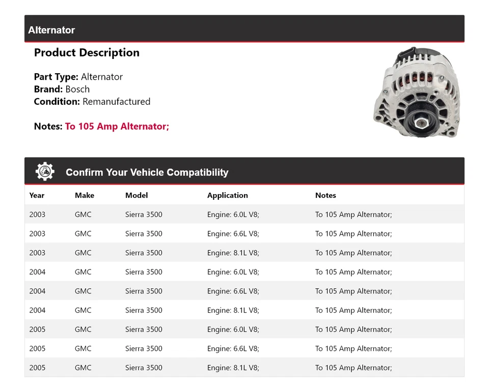 Alternador Bosch GMC Sierra 3500 2003-2005 (remanufacturado) 2004 Foto 2 de 4