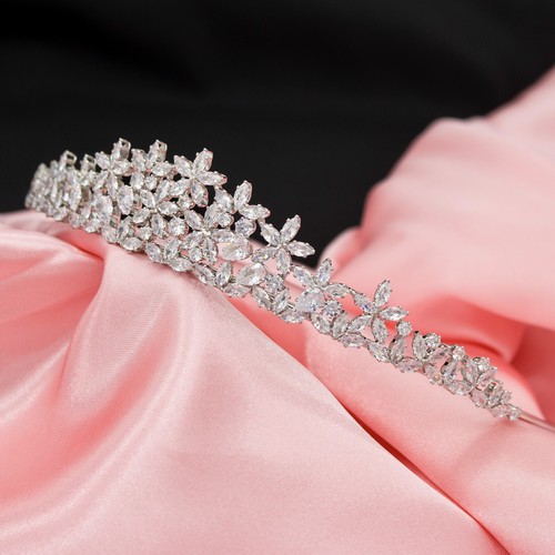 Juego De Tiara Nupcial Con Zirconias AAA Diseño De Amapola Bonito Baño De Rodio - Imagen 2 de 12