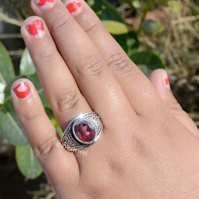 Faceted Garnet Gemstone 925 Sterling Silver Ring Mother Birthday Gift