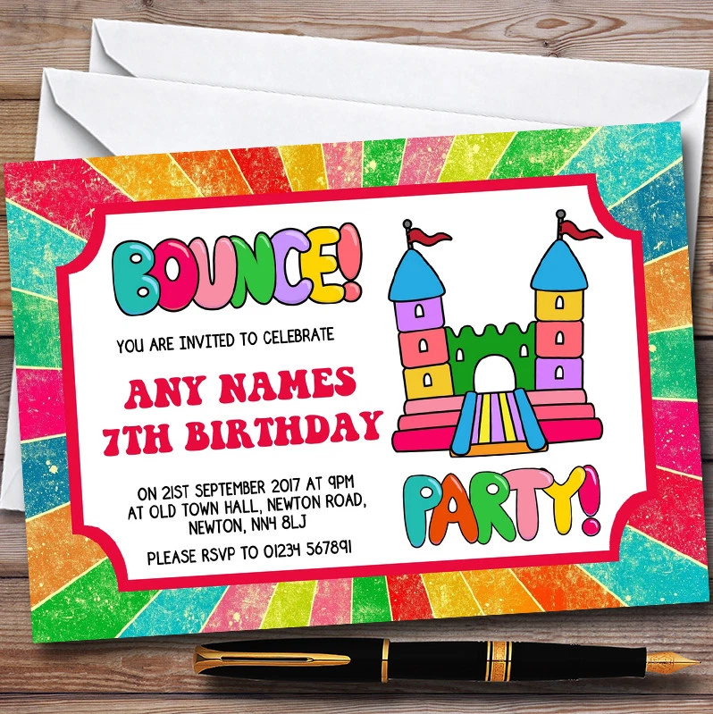 THECARDZOO Rainbow Bouncy Castle Personalised Childrens Birthday Party Invitations